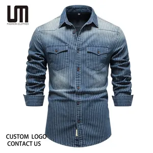 Liu Ming Chất Lượng Tốt Người Đàn Ông Giản Dị Denim Sọc Căng Dài Tay Áo Slim Jeans Áo Sơ Mi