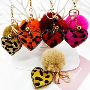 2023 New Tassel Pom Pom Key Ring Rhinestone Leopard Print Love Heart Pendant Hair Ball Keychain For Valentine's Day Gift