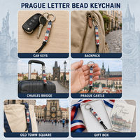 Porte-clés fantaisie en métal durable de la République tchèque, perles alphabet en émail, dés lettres de Prague, vente chaude usine SEDEX