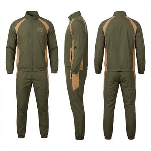 Survêtement Homme Vert Olive et Beige à Blocs de Couleurs, Manches Longues, Fermeture Éclair, Col Montant, Coupe Sportive Droite, en Polyester, Idéal pour l'Automne - Product Image 1
