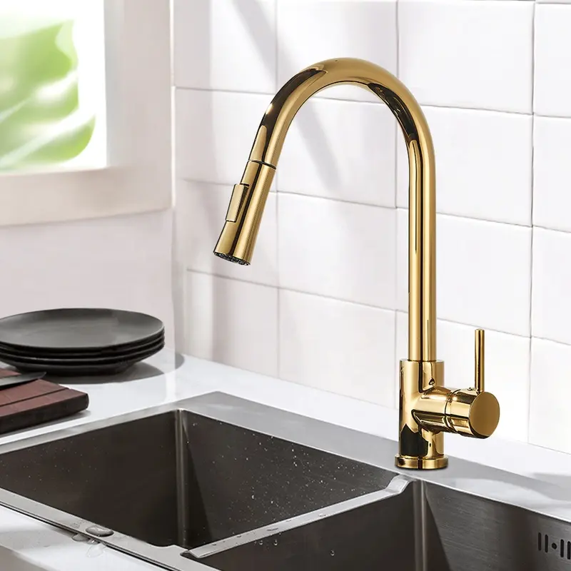 2022 kitchen faucet brass water tap modern brass pull out sprayer kitchen mixer sink faucets kitchen taps gold