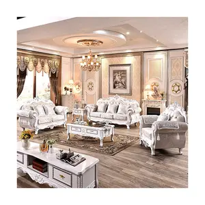 Wholesaler Antique Wooden Sectional Sofa Luxury White European Style Classic Sofas Fabric Dubai Living Room Couch Set