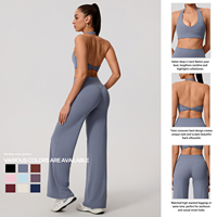 Ensemble de sport 2 pièces respirant et léger pour femme : Brassière de sport à col ras du cou et dos croisé torsadé, et pantalon évasé taille haute