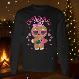 T-shirt natalizia da ragazza a maniche lunghe con motivo Gingerbread e fiocco rosa - Product Image 3