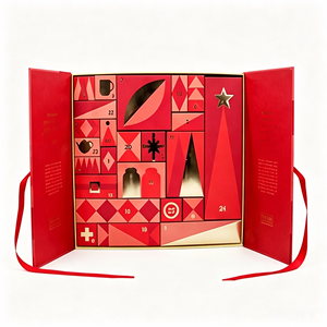 Caja de Regalo de Adviento Roja Plegable con 24 Compartimentos, Impresión en Dorado y Cinta de Satén, Reutilizable para Calendario de Adviento Navideño - Product Image 1