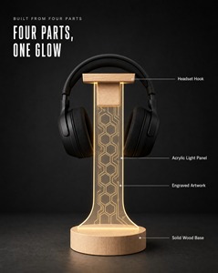 Bodyfree RGB <b>Gaming</b> Headphone Stand Acrylic <b>Light</b> Panel Solid Wood Base Laser Engraved Headset Holder For Desk Wholesale - Product Image 3