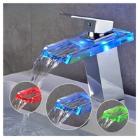 Robinet de lavabo cascade en céramique à poignée unique thermostatique à changement de couleur LED, en acier inoxydable moderne, à poser sur le comptoir