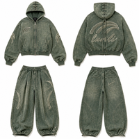 Ensemble de survêtement vintage brodé pour homme, 2 pièces : veste à capuche zippée et pantalon de jogging, style streetwear, personnalisable, vente en gros