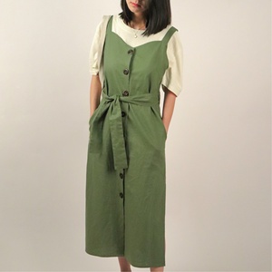 Customize 55%Linen 45%cotton Casual Simple Olive <strong>Green</strong> Sling Cardigan <strong>Long</strong> Dress/ <strong>Skirts</strong> with Buttons - Product Image 1
