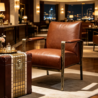 Fauteuil d'appoint en fer forgé martelé à la main, cuir pleine fleur marron vintage, fauteuil de loisirs de luxe pour salon et salle à manger