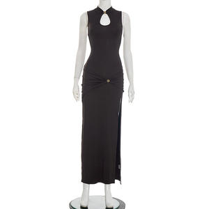 Viviblook C25DS456 <b>Women</b> Party <b>Dress</b> New Metal Buckle Half High Neck Sleeveless <b>Dress</b> <b>Slit</b> Pleating Maxi <b>Dresses</b> - Product Image 3