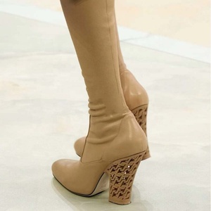 Retro Style Women Stretch Leather Knee High Boots <b>Round</b> <b>Toe</b> Cut Out Chunky <b>Heels</b> Shoes Girl's Side Zipper Long Booties - Product Image 6