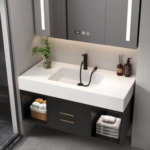 Mueble de Baño Moderno de Pared en Gris Oscuro con Lavabo Integrado de <span class=keywords><strong>Piedra</strong></span> Negra, Espejo LED y Estantes Abiertos para Uso en Baños - Product Image 4