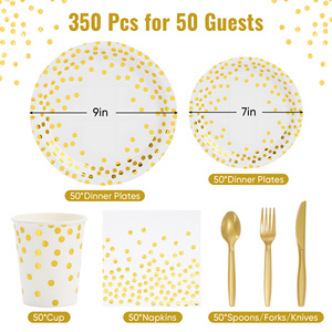 350Pcs Eco-Friendly Gold Dot Disposable PET <b>Dinnerware</b> <b>Set</b> for 50 Guests Plates Cups Napkins Gold Cutlery Microwave Safe for - Product Image 6