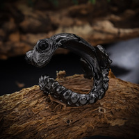 Bague ajustable en cuivre motif gecko, finition argent antique et noir, bague statement 3D lézard pour femmes et hommes