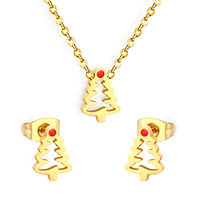 Ensemble Collier et Boucles d'Oreilles Arbre de Noël en Acier Inoxydable Plaqué Or 18K avec Émail Rouge, Vente Chaude, pour Femmes, Vente en Gros Usine OEM ODM