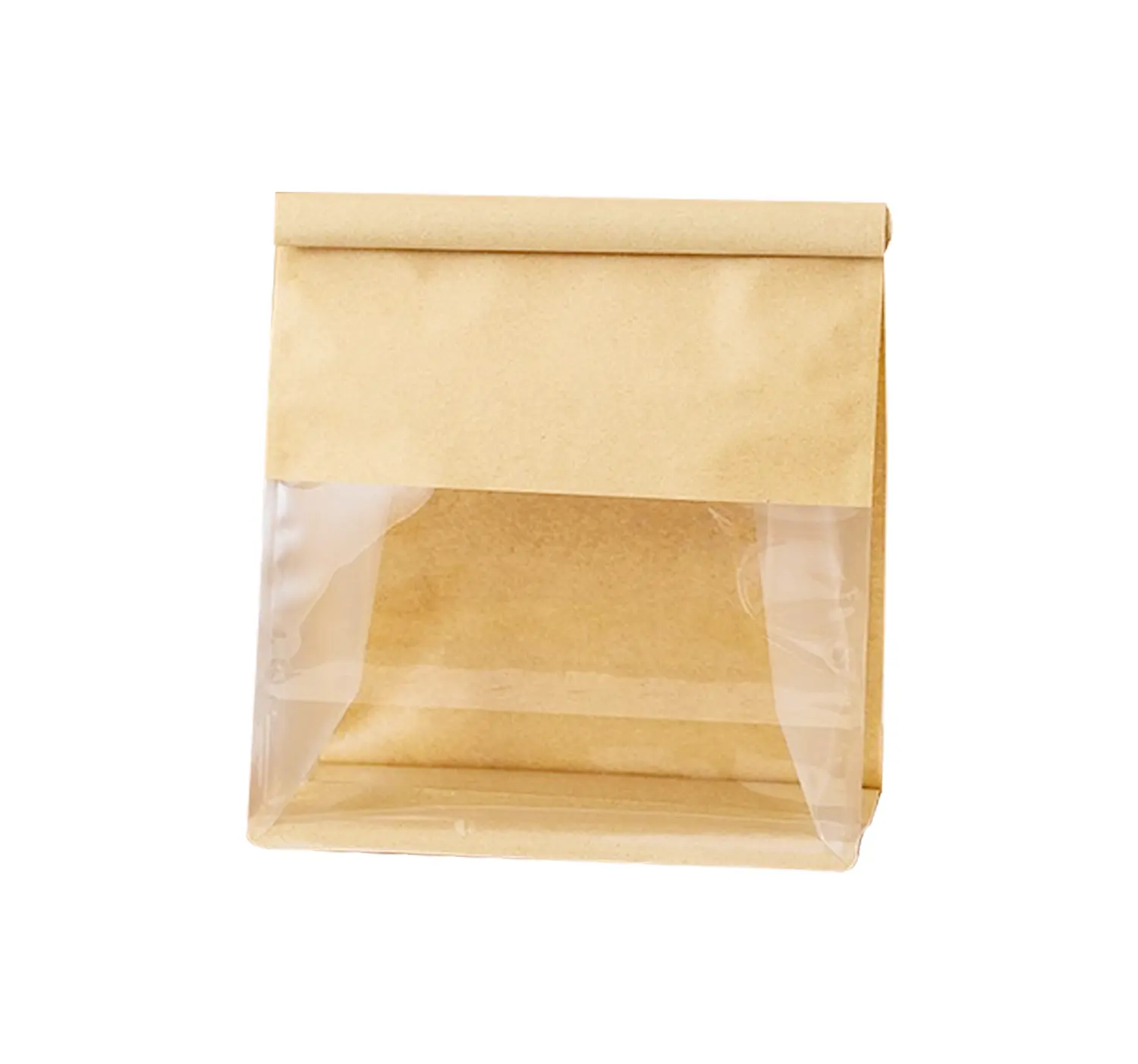 ถุงขนมปังถุงขนมปังถุงกระดาษคราฟท์ที่มีหน้าต่างพลาสติกปิดผนึกแปดด้านกันไขมันสีขาวอาหารสีน้ำตาล