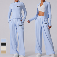 Ensemble de yoga personnalisé avec logo pour femmes, veste à fermeture éclair à manches longues, pantalon large, ensemble de sport 2 pièces, vêtements de sport et de détente