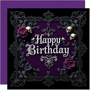 Tarjeta de Cumpleaños Gótica, Tarjeta de Cumpleaños con Calavera y Rosa Morada para Hombres, Mujeres y Adolescentes Góticos. Interior en Blanco - Product Image 3