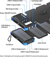 Batterie solaire portable 2000 mAh, 4 panneaux, étanche, en ABS, haute capacité, DC 5V 15W, USB-C, lampe torche, extérieur, 3 câbles