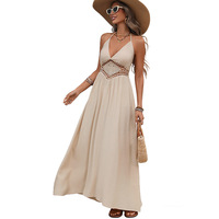 Robe longue décontractée beige coupe trapèze ample en fibre de cellulose régénérée respirante en mousseline naturelle, taille unique