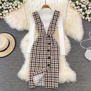 Costume à carreaux en laine femmes <span class=keywords><strong>2022</strong></span> automne et hiver nouveau tempérament taille mince sangle robe deux pièces ensemble - Product Image 3