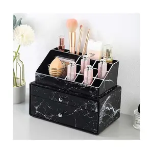 Kotak penyimpan kosmetik, Meja hitam marmer hitam penyimpanan desktop dapat ditumpuk plastik makeup organizer dengan laci