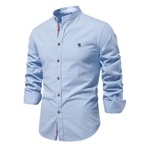 Nuova Moda Primavera-Estate: Camicia Casual da Uomo Senza Colletto in Cotone e Lino, Stile Giapponese, Tinta Unita, Maniche Lunghe, Traspirante - Product Image 1
