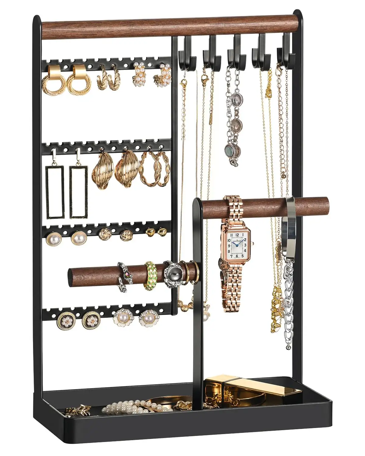 Nero gioielli Clip con vassoio a 5 livelli gioielli verticale orecchino Organizer con 48 fori, 10 ganci collana Clip braccialetto e anello C