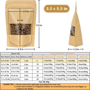 100 sacs en papier kraft brun debout, 3,5 x 5,5 pouces, avec fenêtre mate, fermeture éclair, écologiques, imperméables, pour le stockage du sucre et des nouilles - Product Image 2