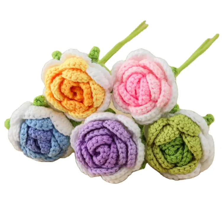 Colorful INS Artificial Mini Decor Top Flowers Shape Pattern Trim Poppy Decorative Green Knitted Crochet Flower Patch Rose
