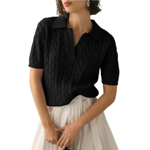 Pull tricoté torsadé uni à col polo et manches courtes pour femme – Nouvelle collection décontractée et tendance (vente en gros) - Product Image 4
