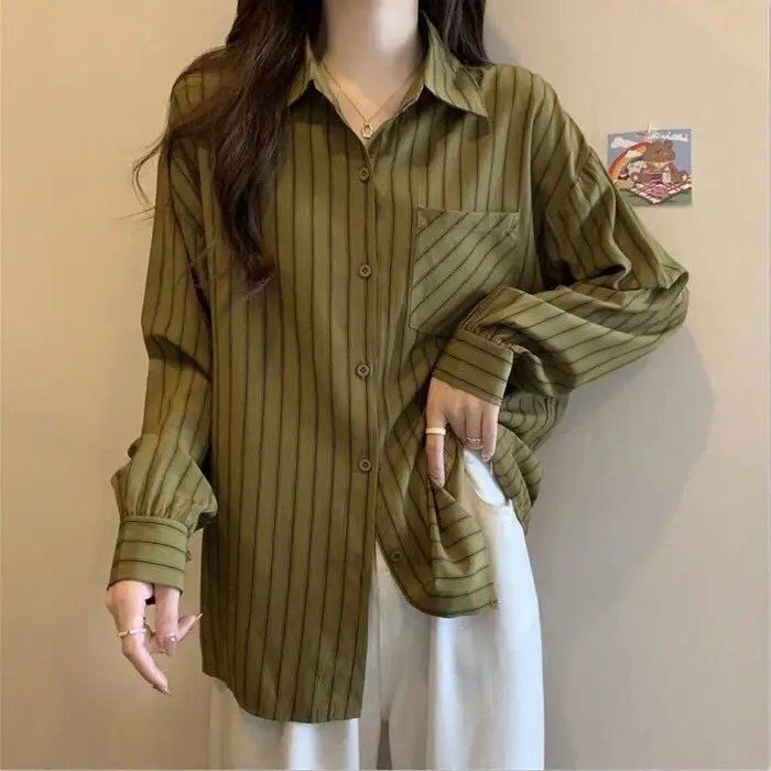 Vintage Vertical Stripe Long Sleeve Shirt Women 2023 Spring New Women'S Korean Tops Fashionable Women Clothing