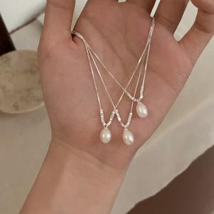 S925 Pure <b>Silver</b> Crushed Ice Love <b>Necklace</b> with Vintage Light Design Sparkling <b>Chain</b> Set Niche Pearl Jewelry - Product Image 1