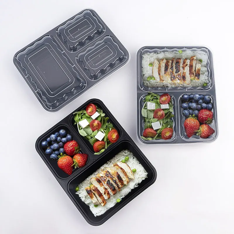 Blister wiederverwendbare Kunststoff Küche Aufbewahrung wiederverwendbare einweg-Blister 3-Fächre Behälter für Mahlzeit Vorbereitung mit Deckel