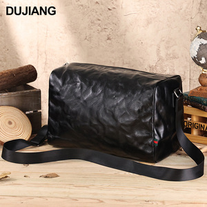 Dujiang Men's Genuine Leather Shoulder <b>Bag</b> Large Capacity Travel Business Gym Crossbody <b>Bag</b> Black Hand-Scratched Texture - Product Image 3