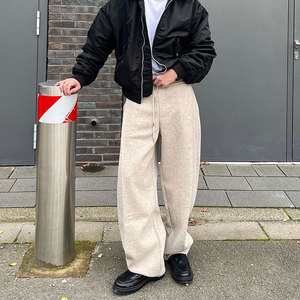 Wide Leg Men's Cotton <strong>Pants</strong> Mild Curved <strong>Hem</strong> Stacked Pleated Relaxed Fit Drawstring Waist Men Trousers High Quality Casual <strong>Pants</strong> - Product Image 1
