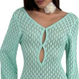 Strickwaren hersteller Häkel strick Einfarbig Fishtail Flare Langarm Sommer Mini Sweater Kleid für Frauen - Product Image 5