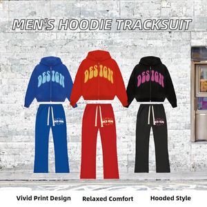 Survêtements d'hiver à double fermeture éclair pour hommes, taille plus, logo personnalisé, ensemble 2 pièces, pantalon de survêtement évasé 100% coton - Product Image 2