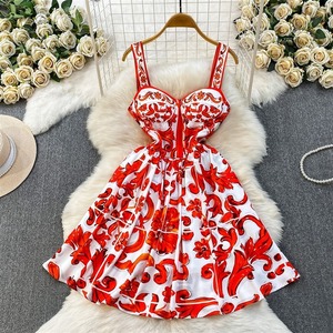 Women's Red White Scroll Floral Print Maxi <b>Dress</b> Spaghetti <b>Strap</b> V-neck High Waist A-Line Eco-Friendly Satin Casual Summer Daily - Product Image 1