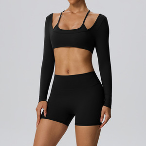 2 Piece Yoga Set Long Sleeve <b>Crop</b> <b>Top</b> High Waist <b>Shorts</b> Activewear for Gym Fitness - Product Image 6