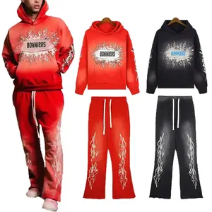 Özel Streetwear alevlendi eşofman fabrika Vintage asit yıkama baskı kırpılmış erkekler Sweatpants ve Hoodie seti