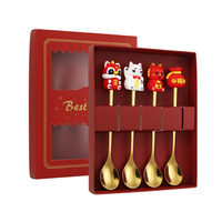 Ensemble cuillère et fourchette mascotte en acier inoxydable doré, cuillère à café, fourchette à fruits, coffret cadeau, vaisselle, logo personnalisé, vente en gros