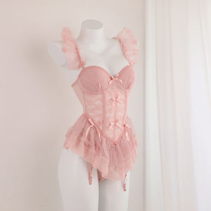 Ensemble de Lingerie sensuelle de luxe soutien-gorge Corset en arête de poisson de Style français avec porte-jarretelles en dentelle en maille transparente string à dos en T Lingerie <span class=keywords><strong>Sexy</strong></span> pyjamas - Product Image 1