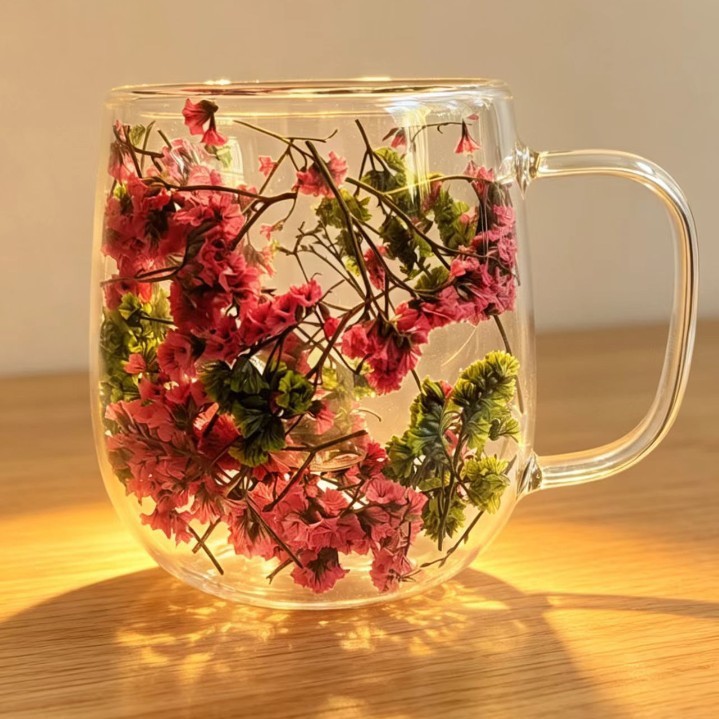 Taza de flores secas (cristal verde - cuarzo rosa)