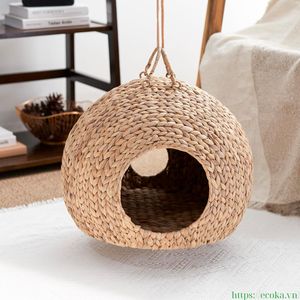 Eco-Friendly Handcrafted Water Hyacinth Cat House Woven Round Cat <b>Bed</b> <b>Cave</b> With Handles from Vietnam - Product Image 3