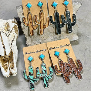 Pendientes de cuero estilo <span class=keywords><strong>Cactus</strong></span> para mujer, aretes de cuentas turquesas, estilo Retro bohemio, étnico occidental, venta al por mayor - Product Image 1