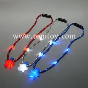 LED Light Up Flashing red white blue Bead Necklace with Jumbo Star pendant for July of 4th