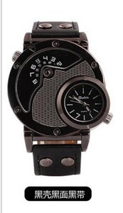 Montre à quartz pour homme, design unique, double fuseau horaire, bracelet en cuir décontracté, grande taille - Product Image 3