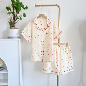Setelan Piyama <span class=keywords><strong>Cardigan</strong></span> Pendek Wanita Bahan Katun Rajut Bubble Bernuansa Instagram Korea, Manis, Bernapas, ODM - Product Image 2